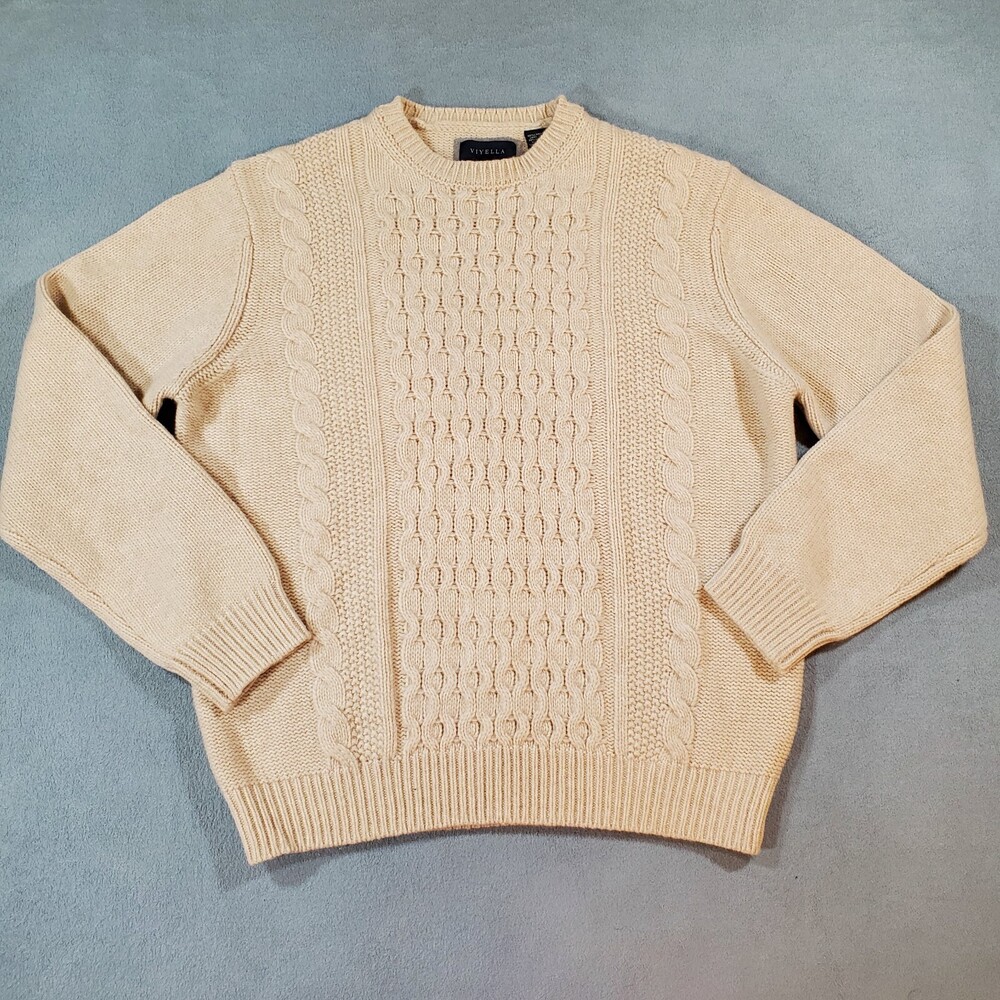 Viyella Sweater Men Large Ivory Lambswool Classic Fit Cable Knit Vintage